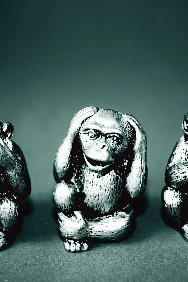 foto en blanco y negro de estatuillas de los tres monos sabios